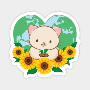 Love Our Planet Cute White Cat and Sunflowers Kawaii Earth Day Magnet