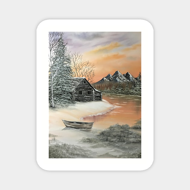 Log Cabin and Canoe Magnet by SistersInArtN