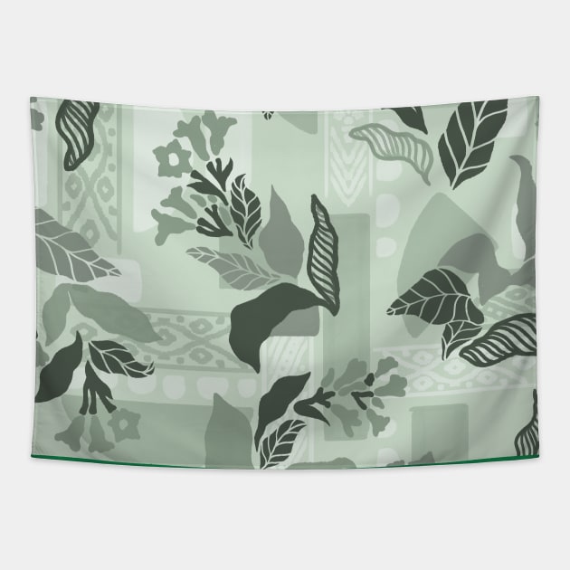 Sage Green Solid Shapes and Flowers Tapestry by Carolina Díaz