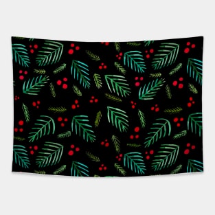 Christmas tree branches and berries - black and green Tapestry