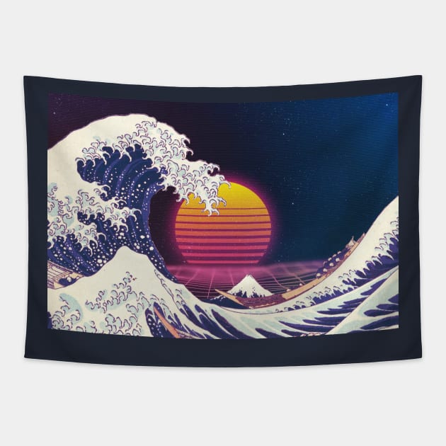 Vaporwave Outrun Great Wave Hokusai Design Tapestry by CosmonautKitten