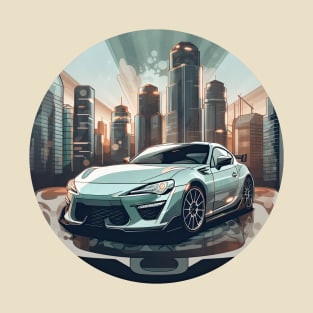 Toyota GT 86 inspired car in front of a modern city skyline T-Shirt