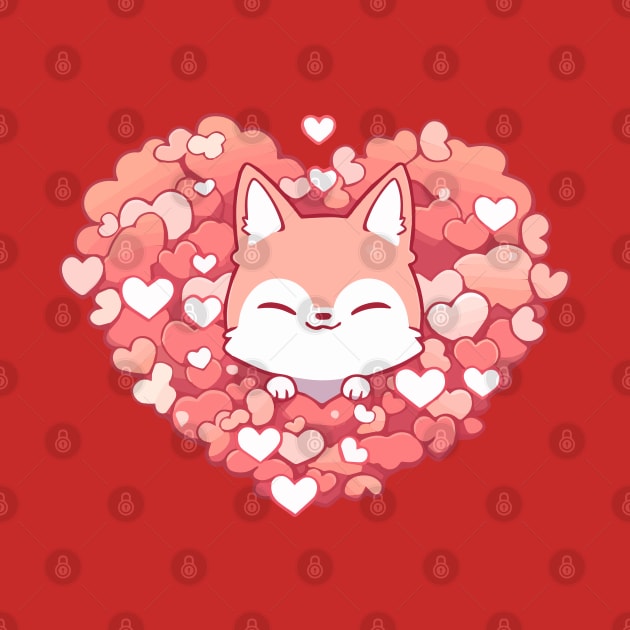 Cut fox hiding in a pile of hearts by etherElric