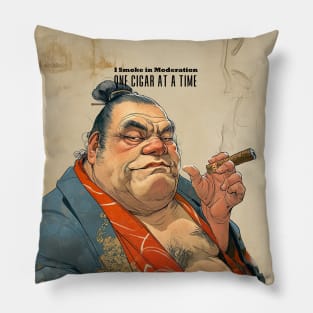 Puff Sumo Smoking a Cigar: "I Smoke Cigars in Moderation; One Cigar at a Time" on a light background Pillow