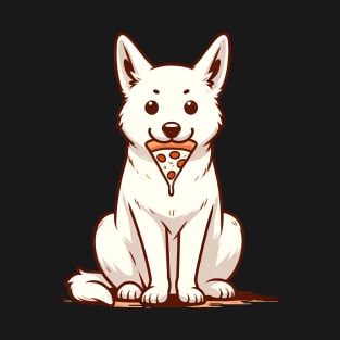 White Dog Eating Pizza T-Shirt