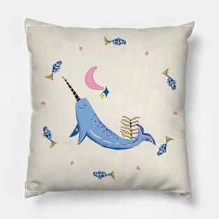 Narwhal with fishes - blue, pink, yellow Pillow