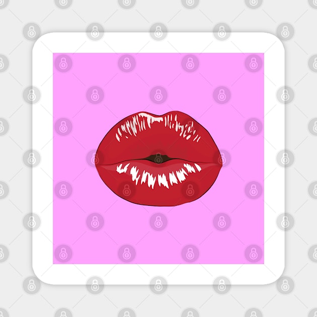 Pucker Red Lips Stick On Pink Background Magnet by Thedesignstuduo