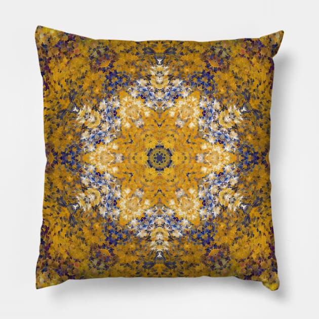 Digital Mandala Yellow Blue and White Pillow by WormholeOrbital