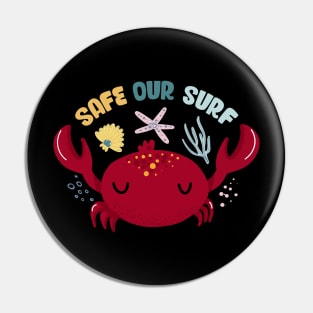 Safe our Surf quote with cute sea animal crab, starfish, coral and shell aesthetic pastel color illustration. Pin