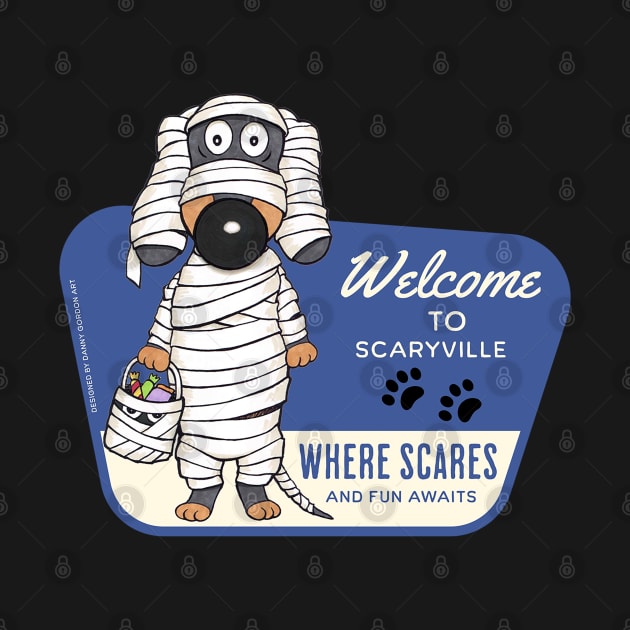 Cute Mummy Dachshund Dog in Doxieville for scare and fun by Danny Gordon Art