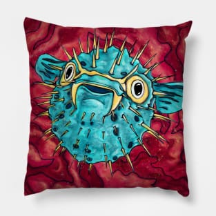 Cute puffer fish painting, funny anime styled blowfish Pillow