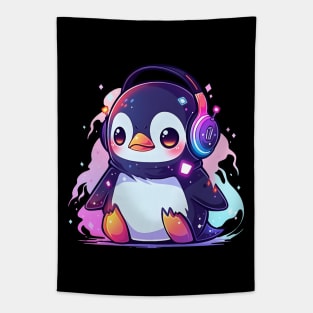 Cute Penguin With Headphones Tapestry