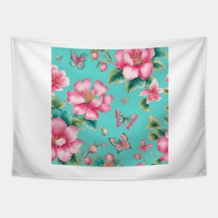 Pink and turquoise chinoiserie flowers and butterflies Tapestry