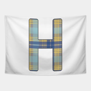 Monogram Letter H, Blue, Yellow and Grey Scottish Tartan Style Typography Design Tapestry