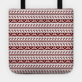 Dark Christmas Candy Apple Red Nordic Reindeer Stripe in White Tote