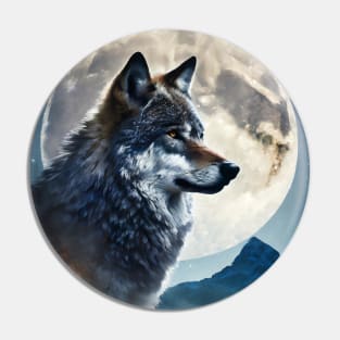 Lunar Symphony: Wolf Double Exposure with Majestic Mountain Silhouette Pin