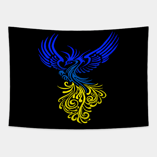 Blue Yellow Artistic Phoenix Illustration Tapestry by taiche