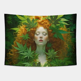 Pre-Raphaelite Redhead With Cannabis Leaves Tapestry