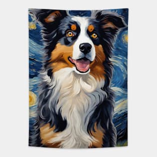 Cute Australian Shepherd Dog Breed Painting in a Van Gogh Starry Night Art Style Tapestry