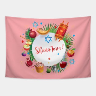 Happy Rosh Hashanah - Shana Tova! Autumn New Year Jewish Holiday Paty. Honey and Apple, Pomegranate, Shofar, Star of David, traditional symbols, torah, shofar, pomegranates, star of David, tropical palm tree leaves decoration, pink color Tapestry