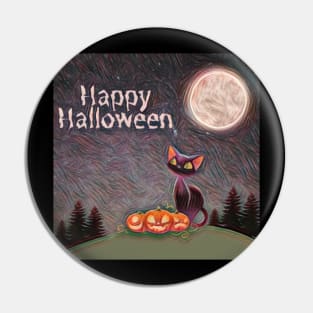 Black Cat Happy Halloween Design Pin