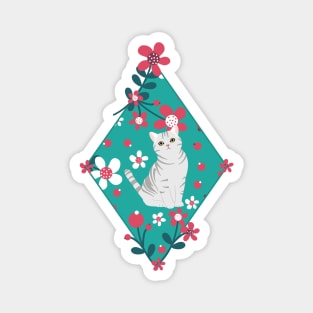 American Shorthair Cat and Flowers - Teal Magnet