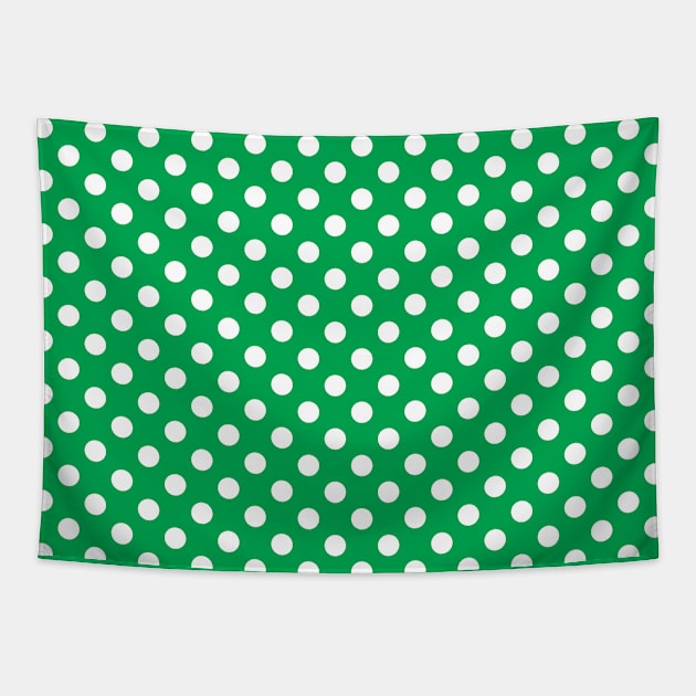 White Polka Dots on Green Background Pattern Tapestry by bumblefuzzies