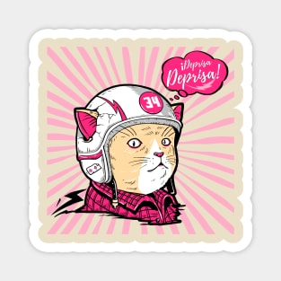 Comic cartoon with a cute retro motorized cat in pink colors with the phrase in Spanish: Hurry, hurry! Magnet