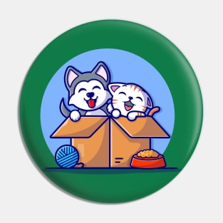 Cute Husky Dog With Cat in Box Cartoon Vector Icon Illustration Pin