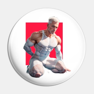 Handsome and muscular kneeling nordic mature man in white compression suit Pin