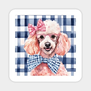 Poodle in pink glasses on blue gingham Magnet