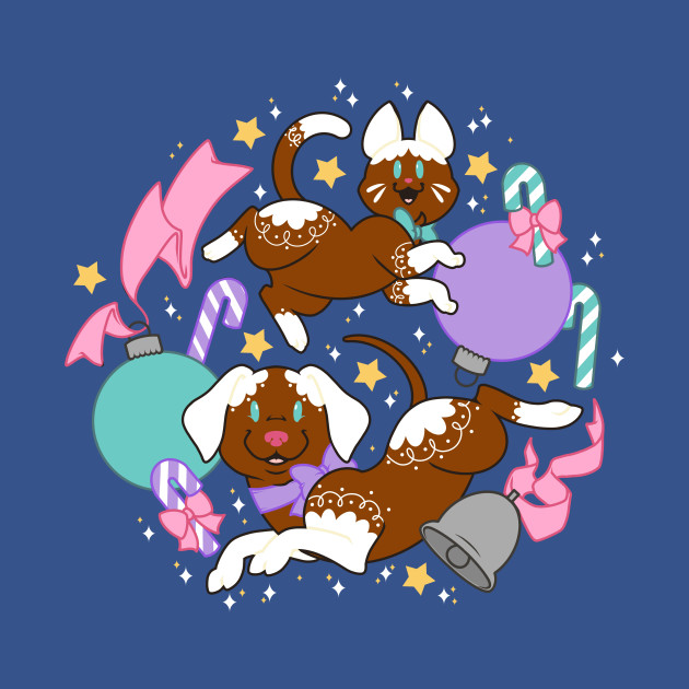 Christmas Gingerbread Cat and Dog - Pastel - T-Shirt