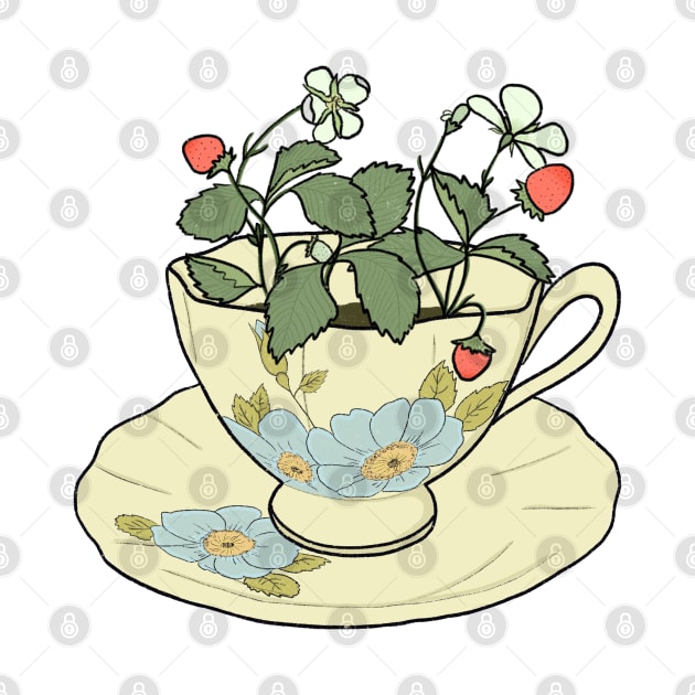 cottagecore strawberry plant growing in a floral pastel tea cup by JuneNostalgia