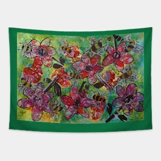 Bees and Red Flowers Tapestry