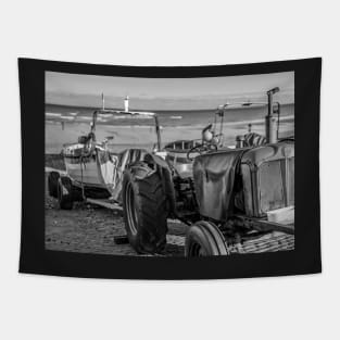 Tractor towing a crab boat on Cromer beach Tapestry