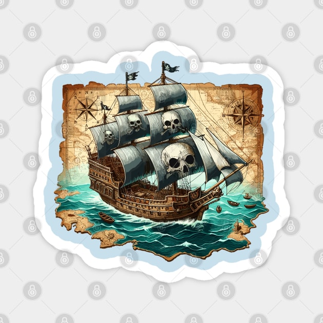 Pirate Ship, Sailing On A Treasure Map Magnet by Vehicles-Art