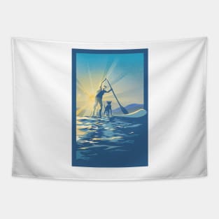 sunset paddle boarder and dog Tapestry