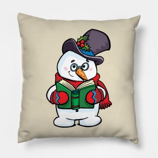 Snowman holds a book in front of him and reads with a smile Pillow