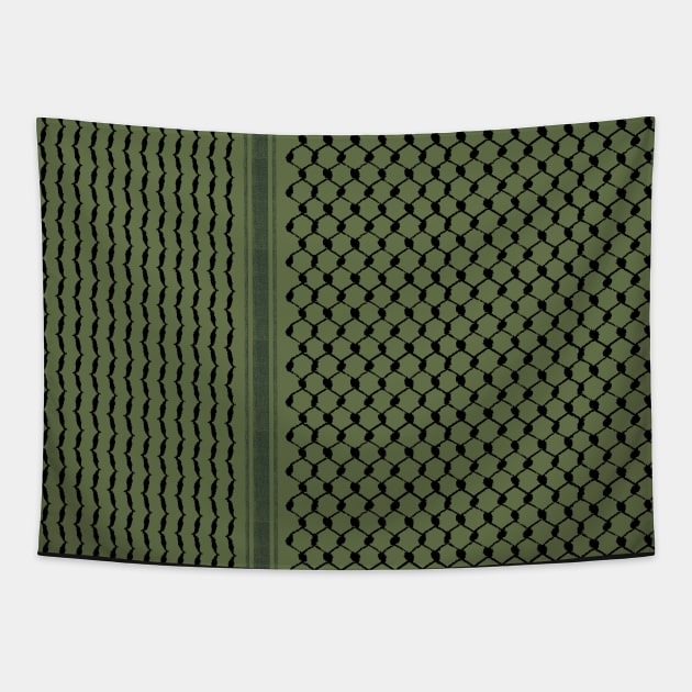 Palestinian Hatta Kufiya Folk Pattern #2-Olive Green, Palestine Arabic Traditional Keffiyeh Design Tapestry by QualiTshirt