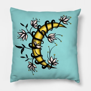 Crescent Moon Wrapped In Flowers Tattoo Style Pillow