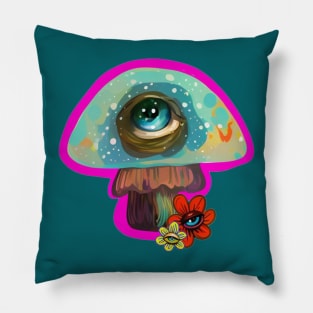 Colorful Pop Surrealism Mushroom with Big Eye Illustration Pillow