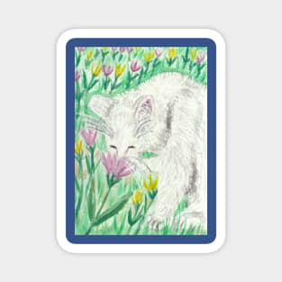 white cat smelling flowers art Magnet