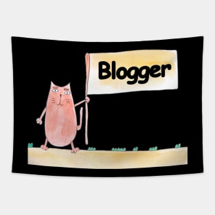 Blogger. Profession, work, job. Cat shows a banner with the inscription. Watercolor illustration. A gift for a professional. Tapestry