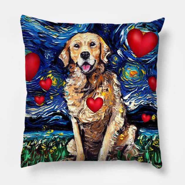 Golden Retriever Night with Hearts Pillow by sagittariusgallery