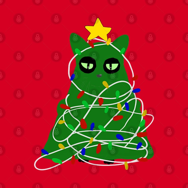 Black cat disguse as Christmas tree with lights and decor by Mermaidssparkle