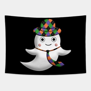 Dad Ghost Halloween hat and tie twill black green orange dots 3D tridimensional 314 Tapestry