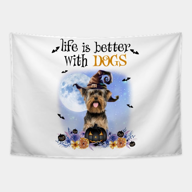 Yorkshire Terrier Witch Hat Life Is Better With Dogs Halloween Tapestry by nakaahikithuy