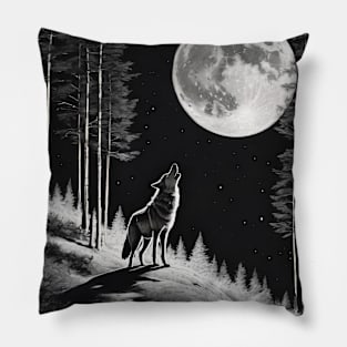 gray wolf with moon Pillow