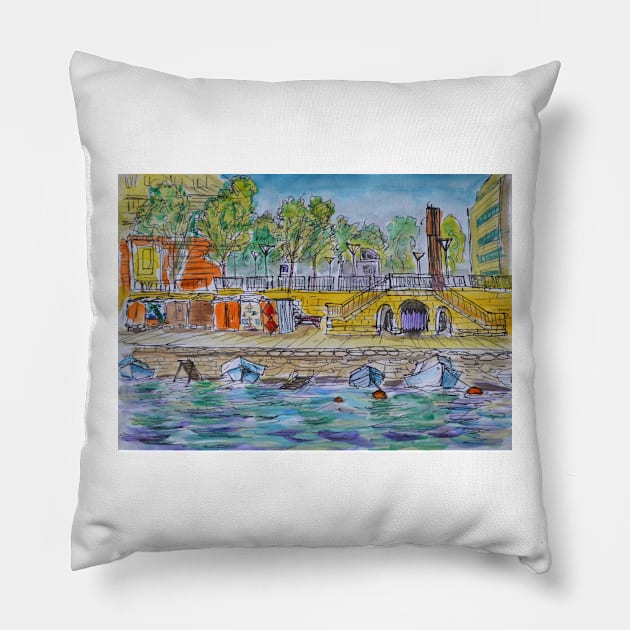 Watercolor Sketch - Quai du Port, Neuchatel, Switzerland Pillow by IgorPozdnyakov