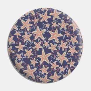 Seastar starfish pattern. Coral brown light blue sea stars on a dark blue background. Layered style. Pin